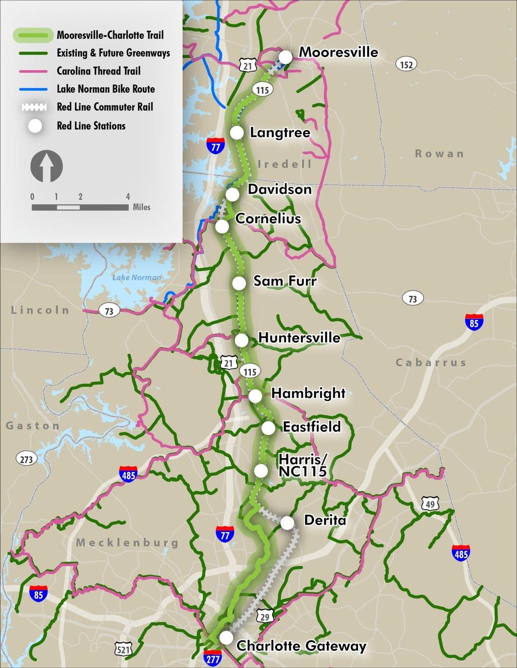 Mooresville- Charlotte Trail The master plans for the towns within Mecklenburg County And the Mecklenburg County Greenway Master Plan do not provide a north-south corridor for off road bicycle and