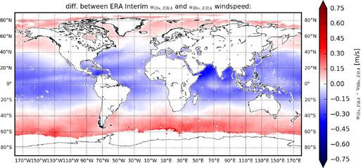 Global map showing the average effect for January 2012. Only locations with a valid scatterometer wind where included in the averaging. Fig. 4. Same as Fig. 3 but now for July 2012.