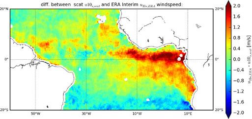 Average difference between ASCAT-A windspeed and ERA interim u 10 for the month of January 2012 in the Tropical-Atlantic region. Fig. 6. Same as Fig. 5 but now using u 10n as reference. Fig. 10. Same as Fig. 9 but now using u 10n as reference.