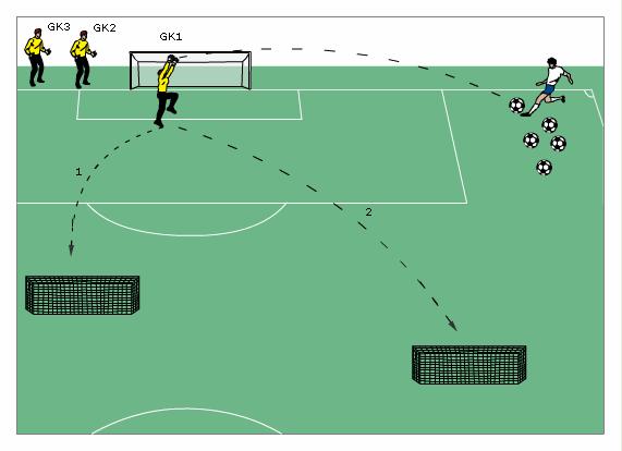 Intercepting and starting a counterattack Setup A crosser (coach) stands on the wing with a number of balls GK1 stands in the goal (see notes on the proper basic position) while the other keepers