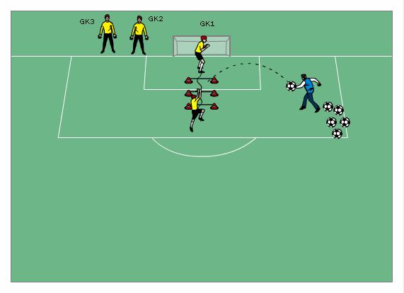 Coordination plus interception Setup is same as exercise 9 except: The coach stands at the corner of the penalty box, and five poles are placed in a row in front of the goal, slightly elevated and