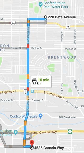 Training Focus: Control taking DRIVING from CONFEDERATION PARK to BC INSTITUTE OF TECHNOLOGY (BCIT) (10 mins) Exit out of the parking lot at 220 Beta Ave. Head south towards Albert St.