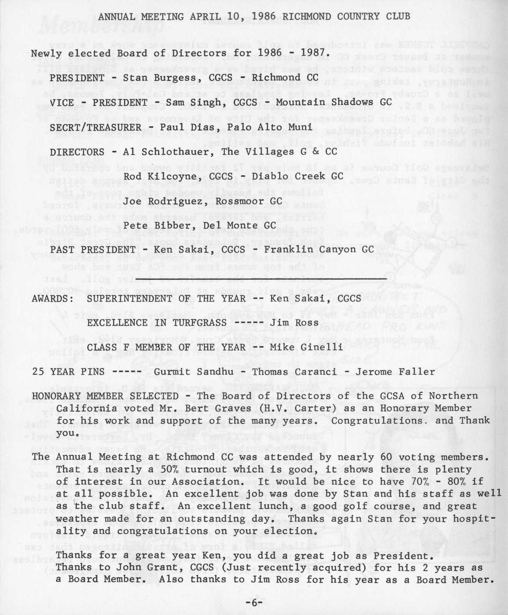ANNUAL MEETING APRIL 10, 1986 RICHMOND COUNTRY CLUB Newly elected Board of Directors for 1986-1987.