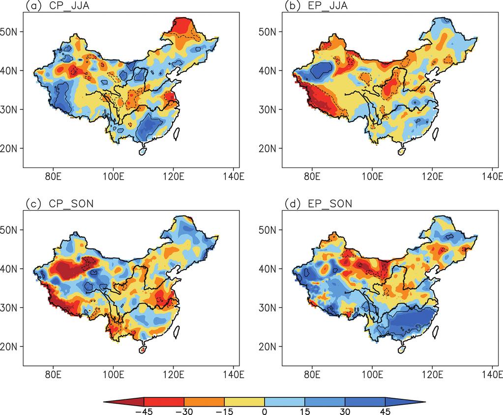 August 2016 J. FENG et al. 363 Fig. 2. Composite rainfall anomalies with respect to the climatology mean during the developing phases in (a) summer and (c) autumn for years with CP El Niños.