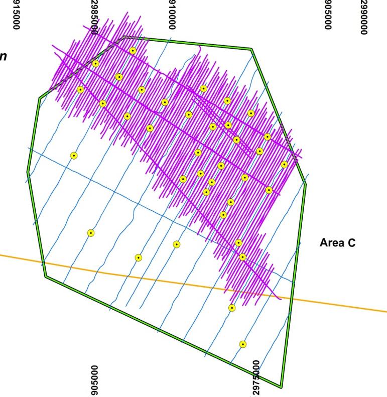 Borrow Area Design Locations of geophysical tracklines surveyed and