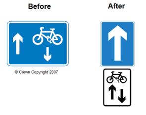 TSRGD 2015: Suggested change of sign for contraflow cycling from side road 2J No Entry exemption plates TSRGD 2015 suggests a wider use of exemption plates.