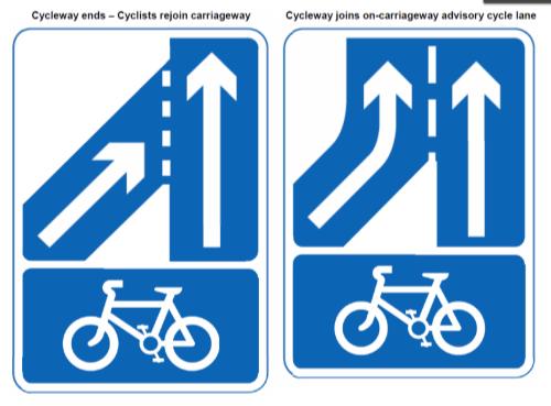 TSRGD 2015: Suggested signs Pictoral alternative to CYCLISTS REJOIN CARRIAGEWAY a) where cyclist rejoins road and b) where cyclist