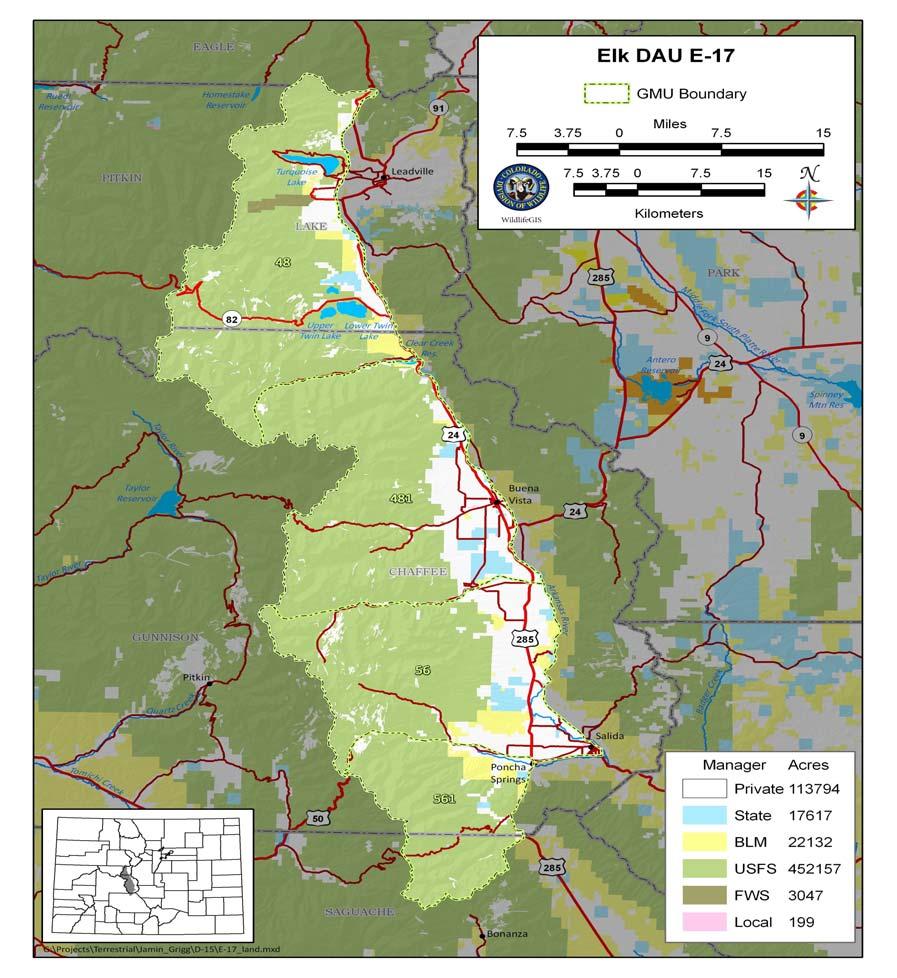 Figure 6. Land Ownership within Data Analysis Unit E-17 (Collegiate Range elk herd). Figure 7. Land ownership within E-17 (square miles, percent of GMU).