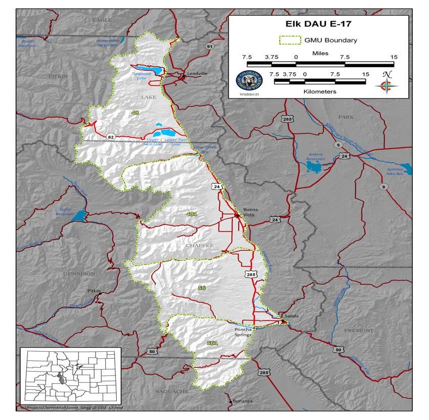 Description of Data Analysis Unit E-17 Location The Collegiate Range elk data analysis unit (DAU) encompasses an area of 981 square miles in central Colorado, 60 miles west of Denver and Colorado