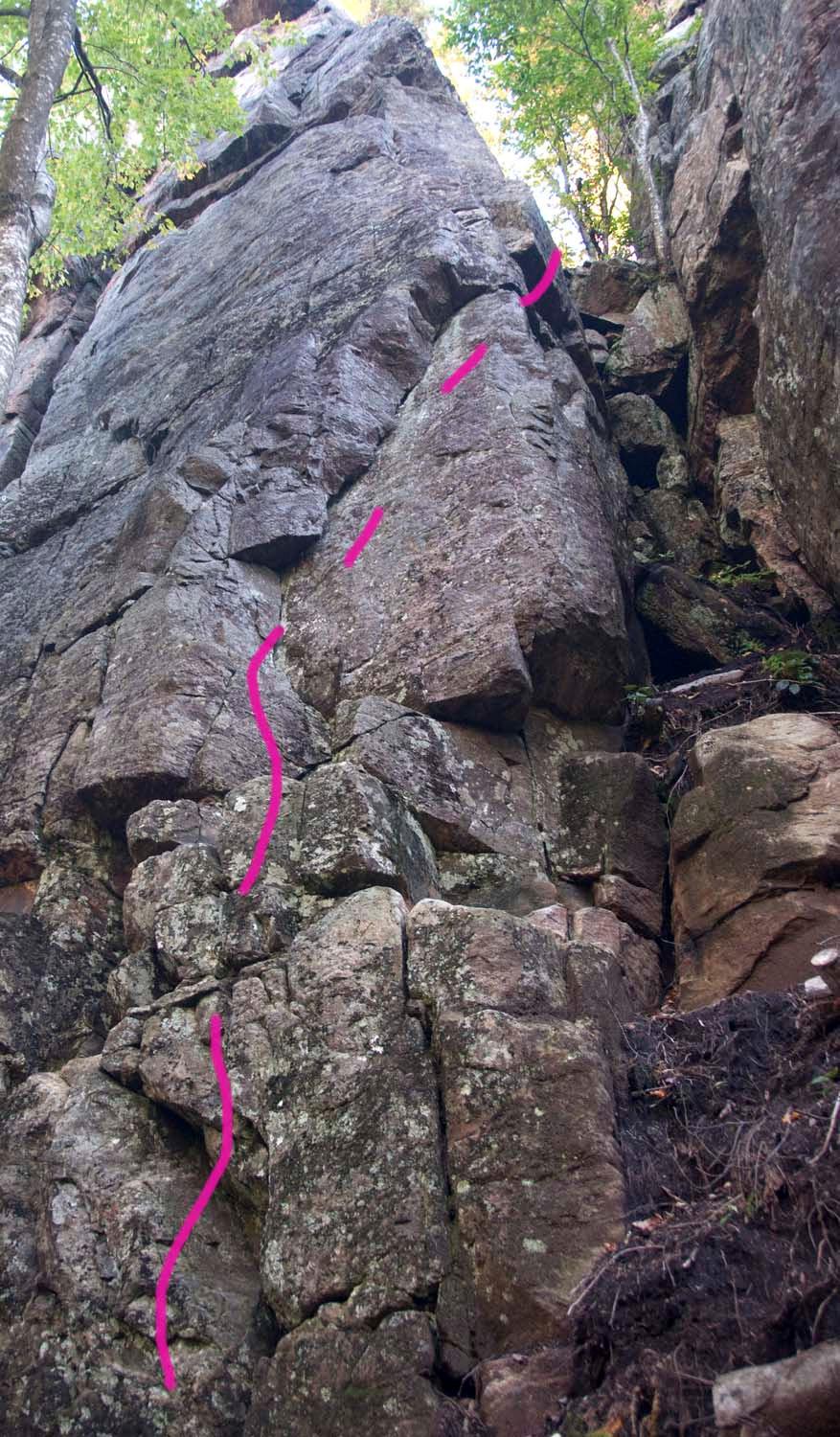 Climbing Guide to Statebrook Cliff 15. Uncle Hals Arête 5.8 PG All trad or is there a bolt?? To the right of Butter My Butt and past Uncle Hal Direct is a broken arête, shown in the photo on the right.