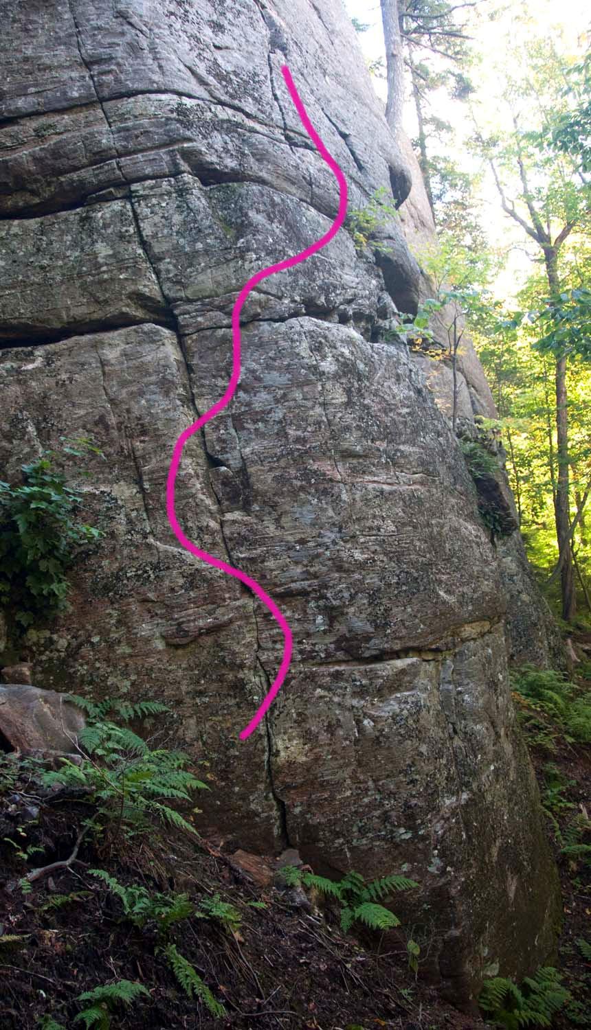 Go straight up the right side of the face to the anchors. First ascent Statebrook Team Aug 2014. 31. Dysphemism 5.