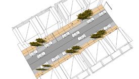 CIVIC STREET C2 Allow views to the MAB and connect to the entry opposite the western end of the street. Tree planting to provide structure and shade for pedestrians and parked cars.
