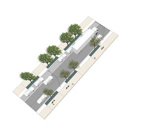 Car parking on the west to service tenancies and retail near the Alawoona Avenue intersection. Tree planting reinforces the ring road hierarchy and provides shade for pedestrians and cyclists.