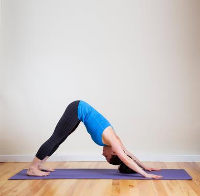 1. Downward Facing Dog Come onto the hands and knees with your wrists underneath your shoulders and your knees underneath your hips. Inhale as you tuck your toes under your heels.