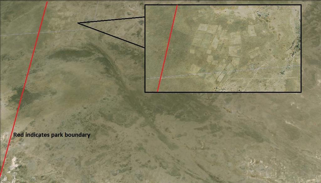 Figure 6 illustrates the buffer zone between humans and wildlife on the eastern side of the Makgadikgadi National park. Note the zoomed in area and the distance to the park boundary.