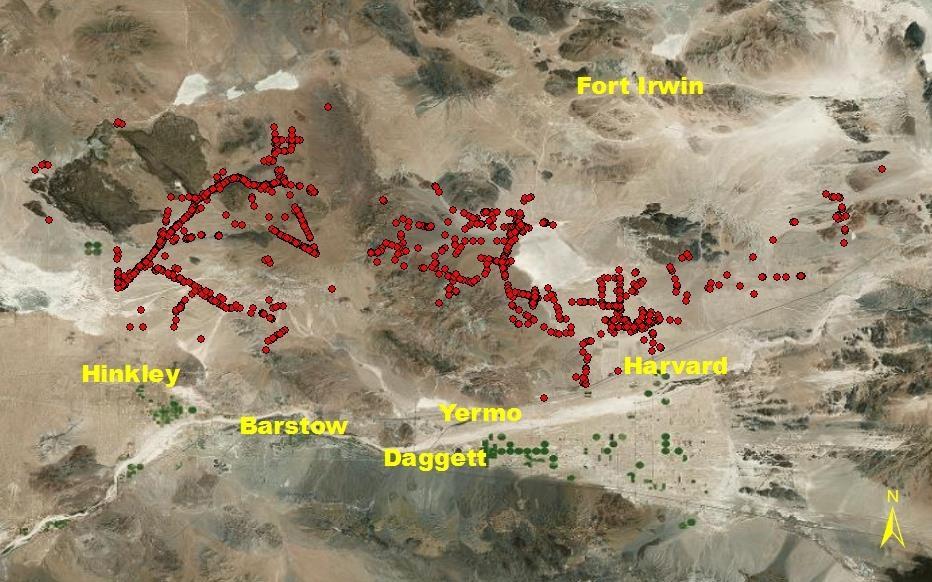 Figure 24. Locations of coyote scats collected on the Desert Tortoise Translocation Area, San Bernardino County, California during October 2009-September 2014.