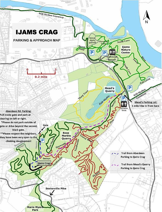 Ge ing to the Ijams Crag REMINDERS PLEASE respect The Crag neighbors The residential speed limit is 25mph Take James White Parkway to Sevier/Hillwood Avenue exit Turn left on Hillwood Avenue Continue