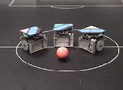Fig. 1 Soccer robot system with the vision system, host computer and RF communication system. Each robot has specific markers fixed on its top.