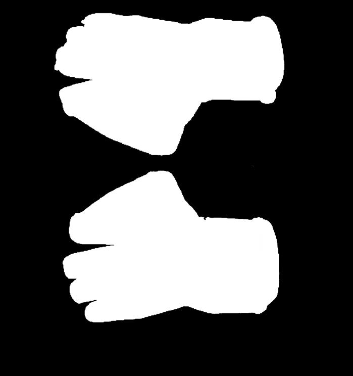 a hand wearing the glove has the thumb fully extended, the top edge being taut and not protruding beyond the straight line joining the top of the