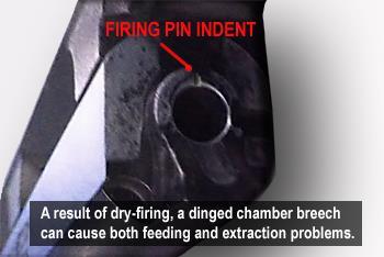 travel on many firing pins is longer than necessary and when sent flying, it will actually make contact with the metal of the chamber edge if a cartridge is not present.