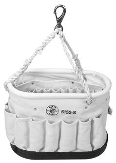 Oval Bucket with 41 Pockets 26 pockets inside and 15 pockets outside. No. 6 canvas. Tripod suspension rope for greater stability. Equipped with 2012 swivel snap hook.