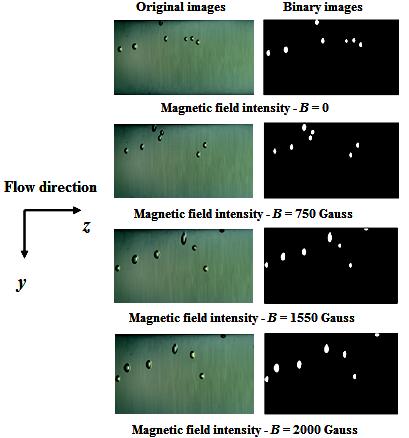 Fig. 5. Images ad shape variatios of CNG bubbles i Diesel flow with magetic field itesity (0, 750, 1550, 2000 Gauss).