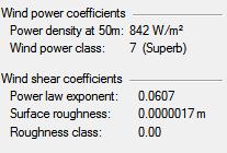 Wind Speed Data Analysis The filtered data produced a power density at 50m of 842 W/m 2. At this density the wind power class is a low class 7 or superb winds.