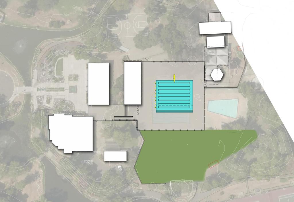 SERVICE ACCESS NEW POOL BUILDING Approx. 3,000 sf Lockers, restrooms, and pool equipment MAIN ENTRANCE New stairs and ramp. Fencing and minimal retaining walls (E) BUILDING Maintain as-is.