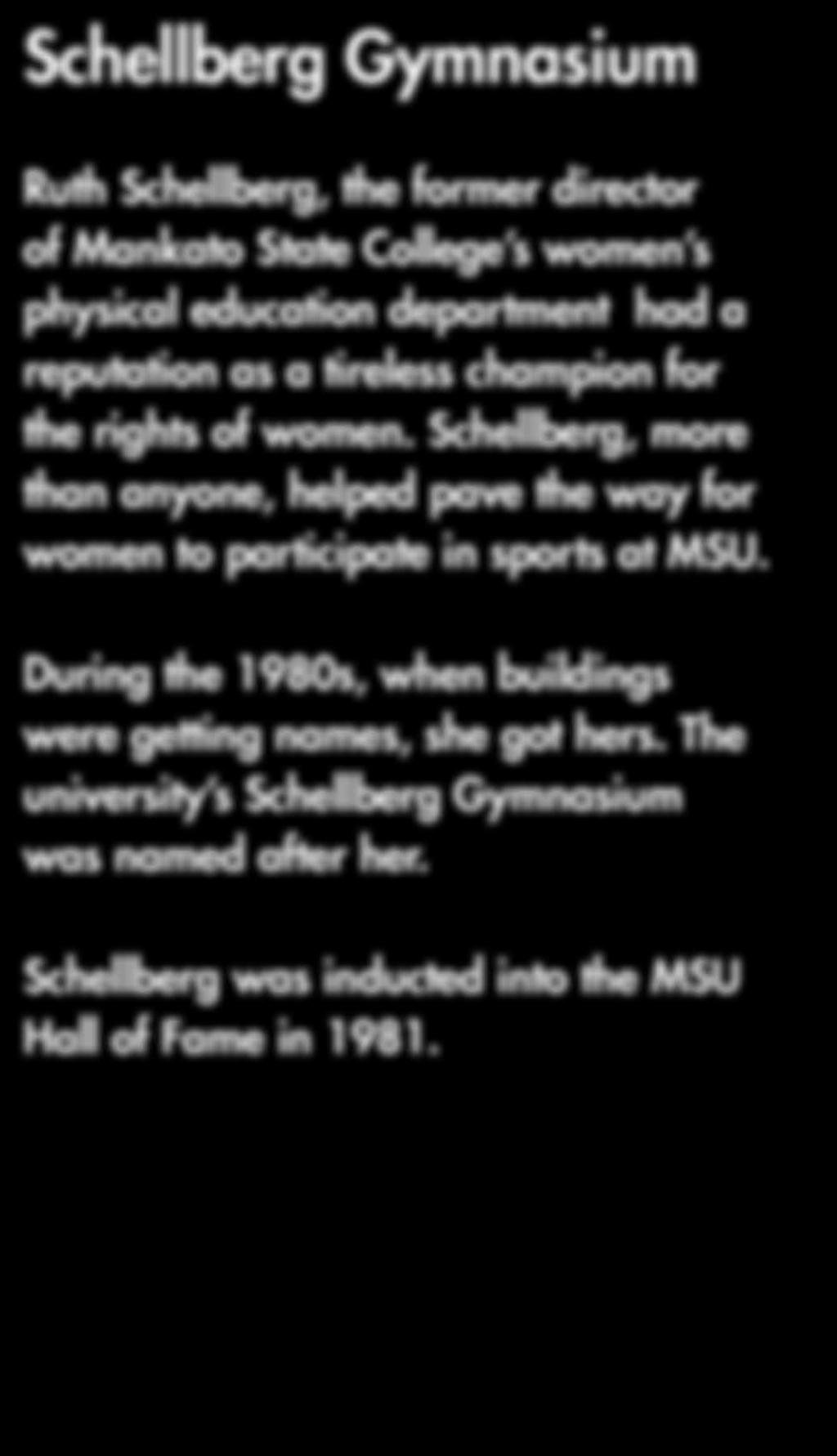 Schellberg Gymnasium Ruth Schellberg, the former director of Mankato State College s women s physical education department had a reputation as a tireless champion for the rights of women.