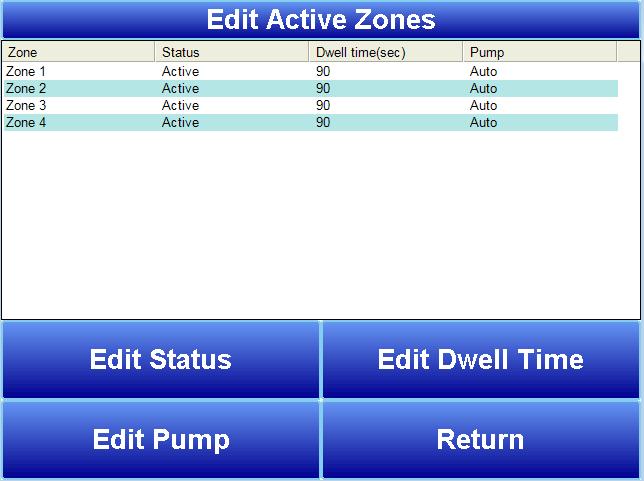 Edit Active Zones The Edit Active Zones menu allows you to: Change the status of each zone between Active and Inactive (Edit Status) Edit the dwell time, in seconds,