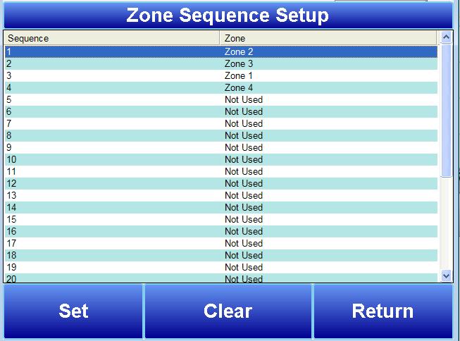 With Zones Sequence Setup, you can determine a sequence of zone analysis. Up to 32 items can be programmed in the sequence, and any active zone can be included in the sequence.