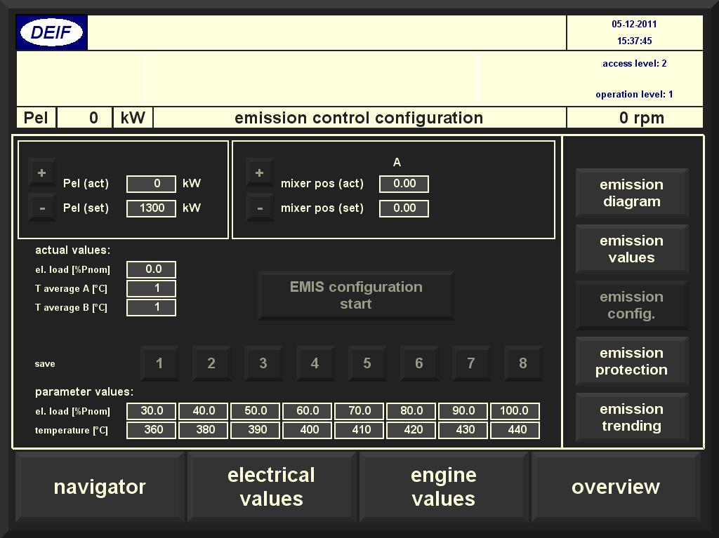 Settings for emission optimisation, combustion chamber temp. method The generator must be parallel with mains or connected to a load bank when entering this page.
