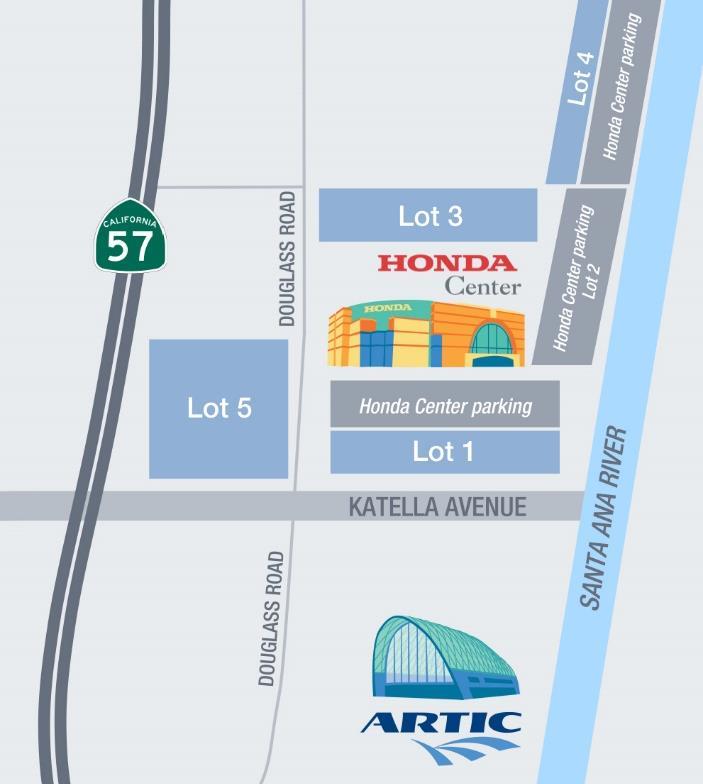Parking Lots Lot 1 What: 3.4-acre, 221-space surface parking lot Where: Douglass and Katella, south of Honda Center, east of Orange (57) Freeway, west of the Santa Ana River Trail Lot 3 What: 3.
