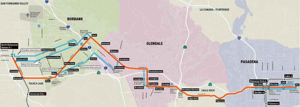 Concept 1: Primary Street Alignment Approximately 18 miles connecting the Metro Gold Line and Orange/Red Line via Colorado, Broadway, Brand, Glenoaks, Olive, and Lankershim