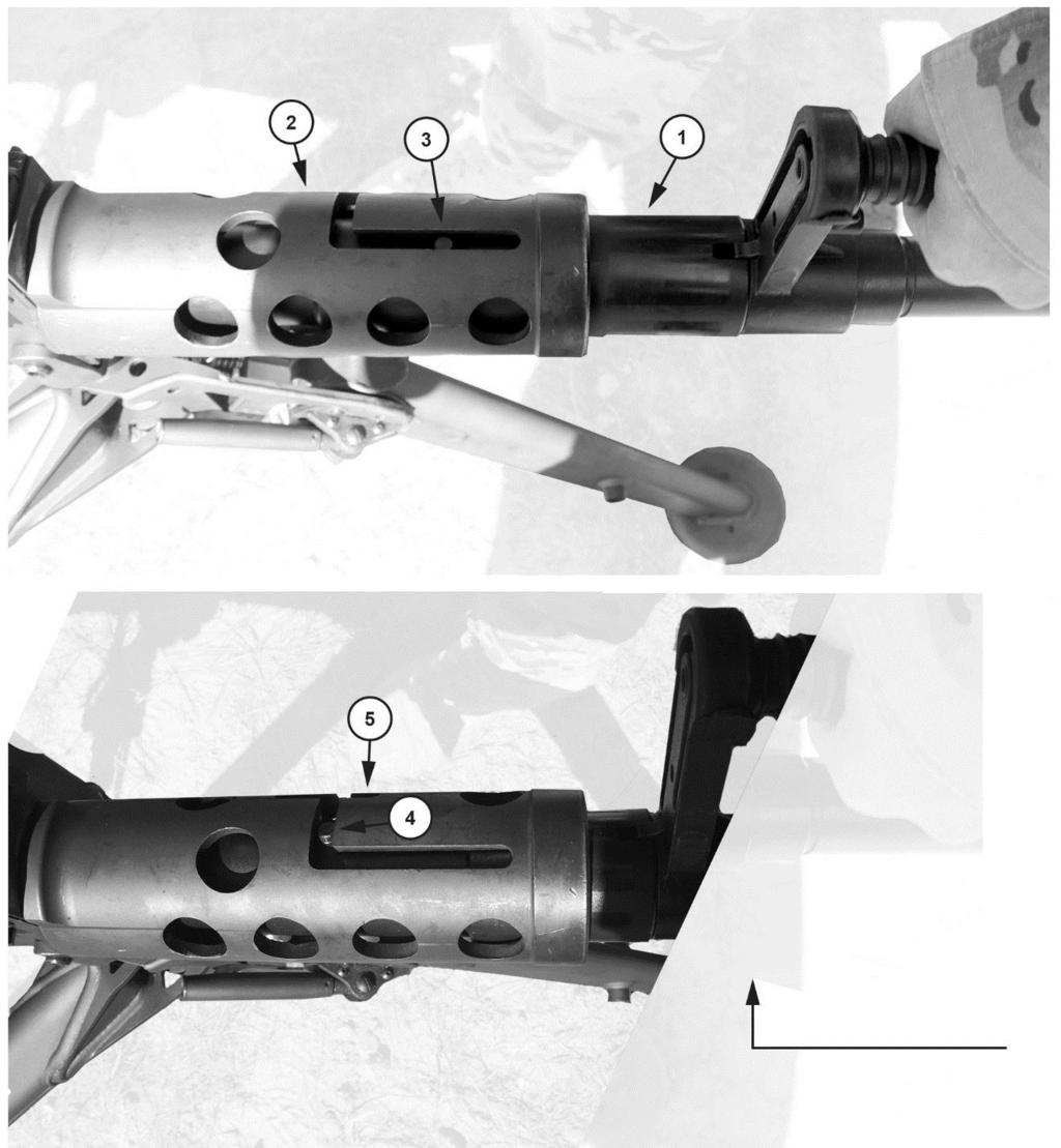 Drills Step 15: Insert barrel (figure D-13, item 1) into barrel support (figure D-13, item 2) until barrel alignment pin (figure D-13, item 3) engages camming slot (figure D-13, item 4).