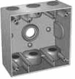 WEATHERPROOF BOXES AND COVERS 2- Gang Boxes Depth : 2 3 /16 Length : 4 9 /16 Width : 4 9 /16 Die Cast Aluminum Lugs, Closure Plug, Screws Included - For