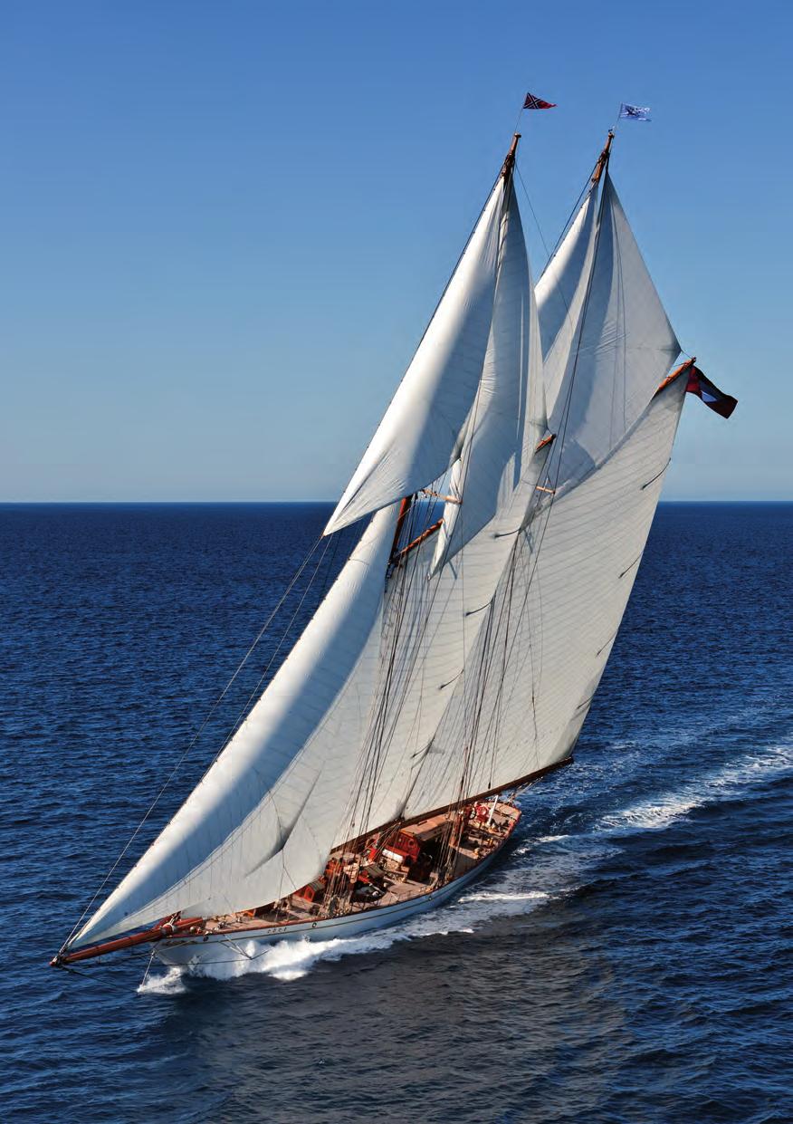 SAILING Highly polished bronze, silver-grey teak, gleaming varnished teak and mahogany, satin-like stainless steel fittings: pure luxury and a true classic racing schooner.