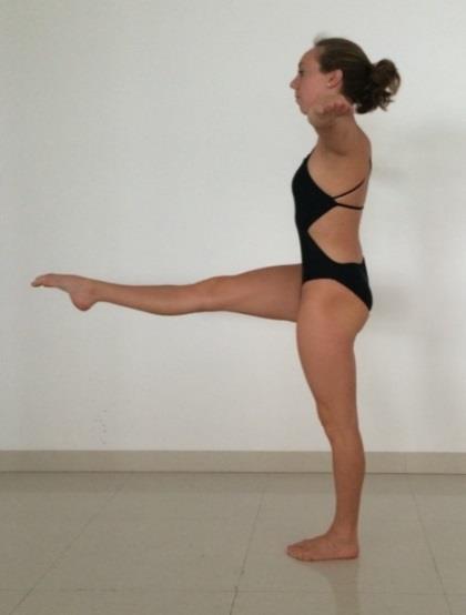 Hips in alignment. Photos 2&3 - Vertical leg extended. Horizontal leg is perpendicular to the other leg and parallel to the ground (90 degree angle). Photo 4 - No leaning, hips are in line (square).