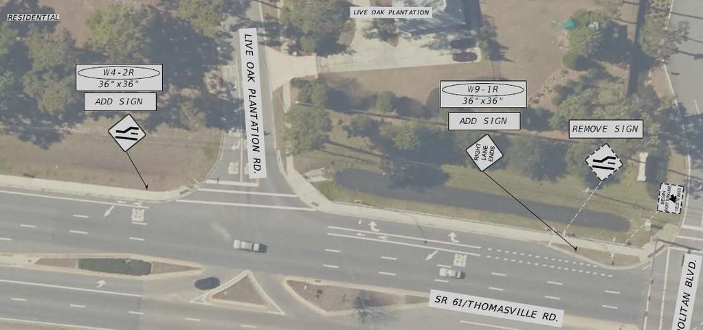 Thomasville Road at Live Oak Plantation Road Lack of roadside warning sign (shortand mid-term) Within the southbound lane merge area there is only one roadside warning sign, a LANE ENDS symbol sign,