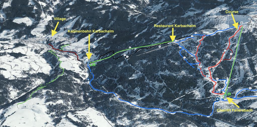 How to get to course: Go with car or free ski bus to the Parking area of Kabinenbahn Karbachalm. Take the cablecar Kabinenbahn Karbachalm (High diﬀerence: 670m, Length: 1880m, Durance: 6,3min).