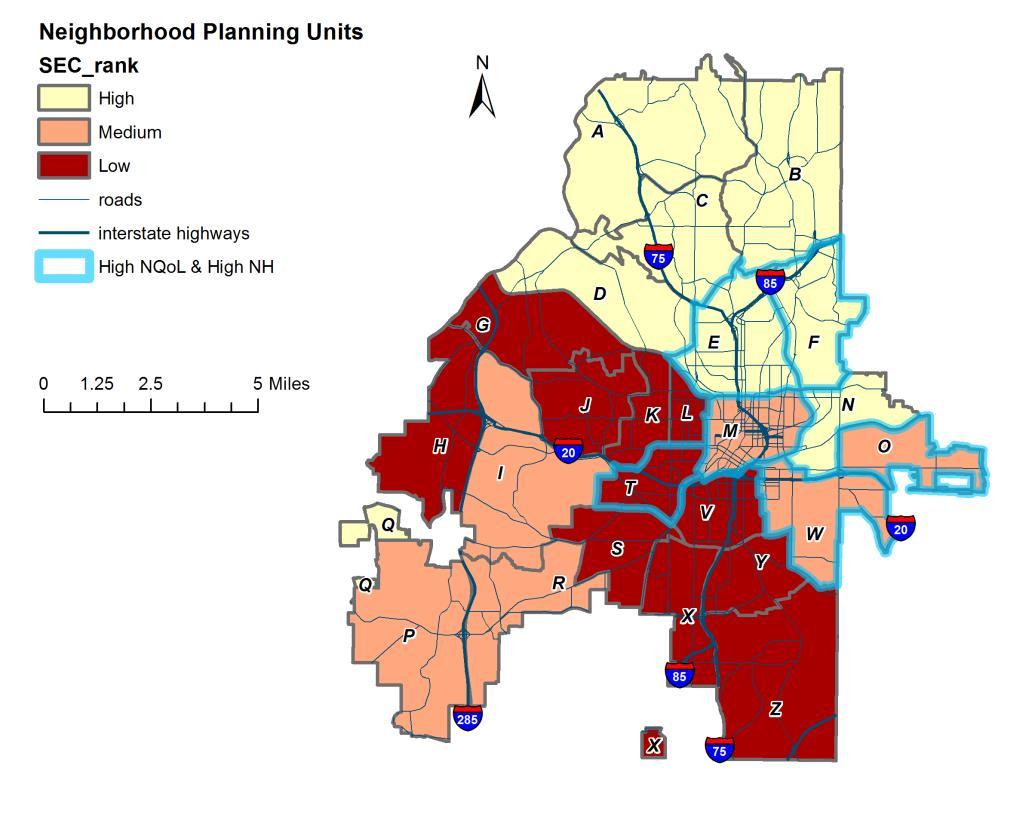 Comparing Neighborhoods with high Quality of Life & health Overlap matrix NPUs with high NH & NQoL SEC High QoL
