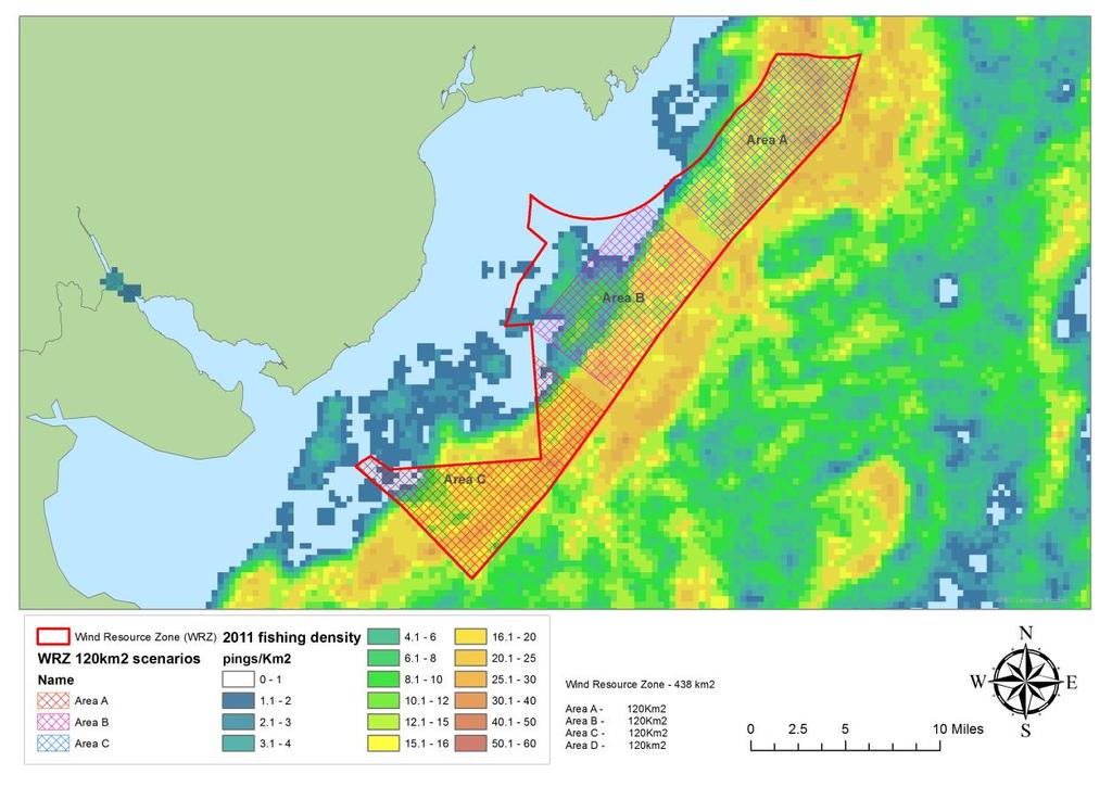 120km 2 placement scenarios The required size for the windfarm will be approximately 120Km 2, dependant on the final design, which represents around 25% of the designated resource zone (438km 2 ).