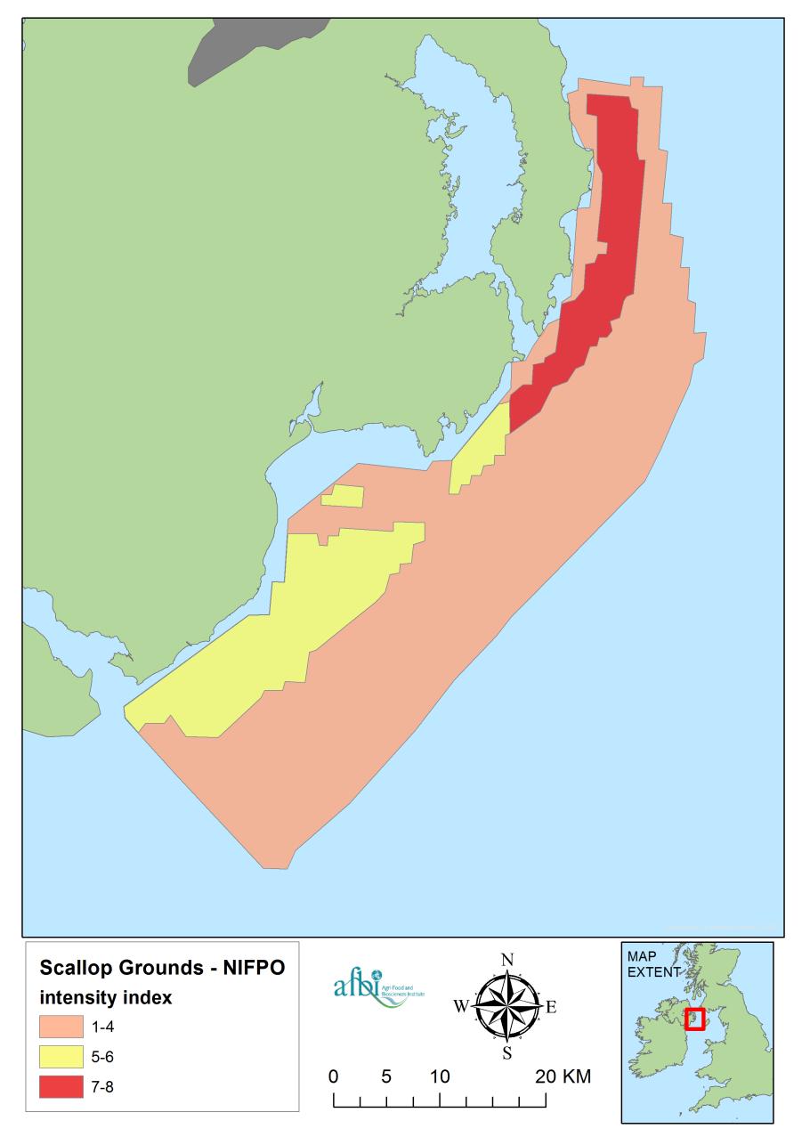 Scalloping: Figure 1: Areas fished for scallops and the relative intensity of fishing (Source NIFPO: FFW
