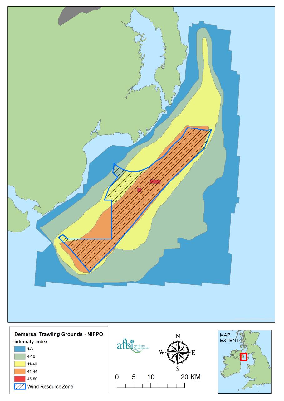 Wind Resource Zone (WRZ) Figure 9: Areas where demersal fishing occurs and the relative intensity of fishing with the wind resource zone (WRZ) overlaid.