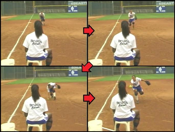 The next drill for the third baseman is the fly ball over the forehand side and over the backhand side. She'll go ahead and work on dropping back on each shoulder, as well as the side fence catch.
