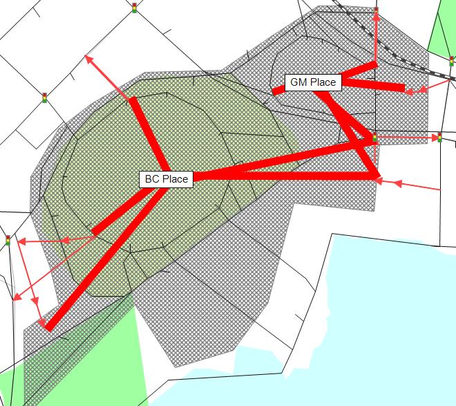 Figure 10: Assumed Access and Egress Points for Venues This layout allowed for ingress access to Olympic Stadium from specific access points and ingress access to Canada Hockey Place from other