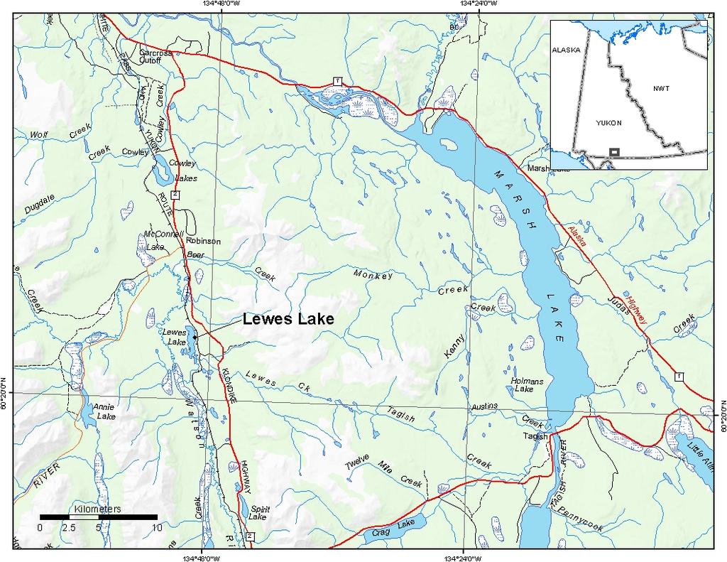 Lewes Lake is in the traditional territory of the Carcross/Tagish First Nations. There are a number of permanent residences along the access road and a few makeshift campsites near the lake.
