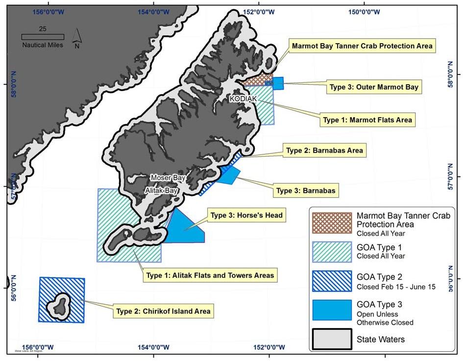 Marmot Bay Tanner Crab Protection Area: The area is defined by all waters of the EEZ enclosed by straight lines across EEZ waters and following the boundary of the State of Alaska waters