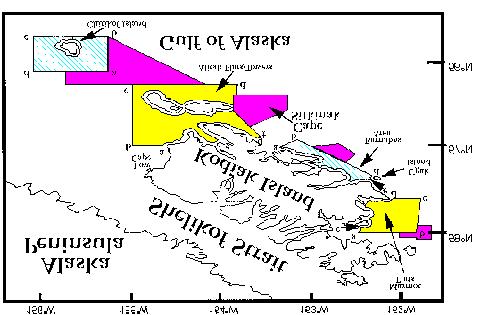 B.2.3 King Crab Closures around Kodiak Island The reference points described in the Type I and II areas can be found on the Kodiak Island King Crab Closures figure below.