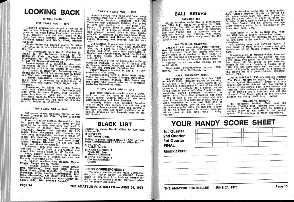 by Noel Rundle FIVE YEARS AGO - 1973 Caul field Grammarians staged a reversal of form to beat Coburg by 51 points in the main game as the week before they failed miserably to St Bernard's and lost